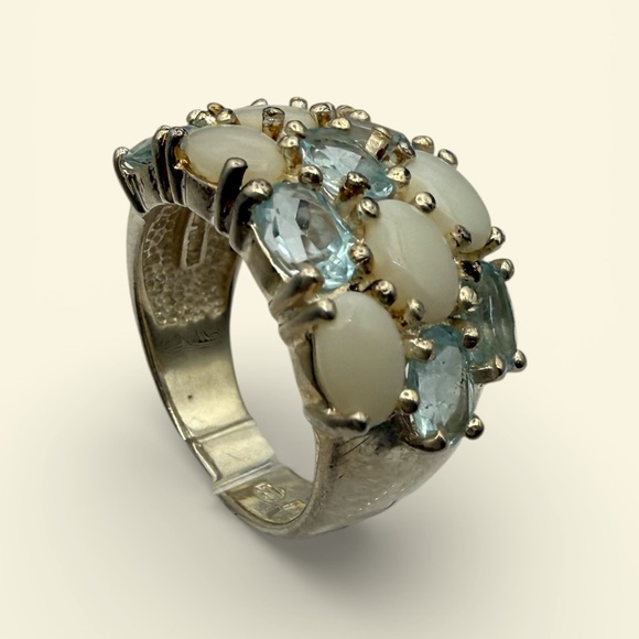 Triple  wide row white opal and blue topaz ring Stamped 925 - Picture 5 of 7